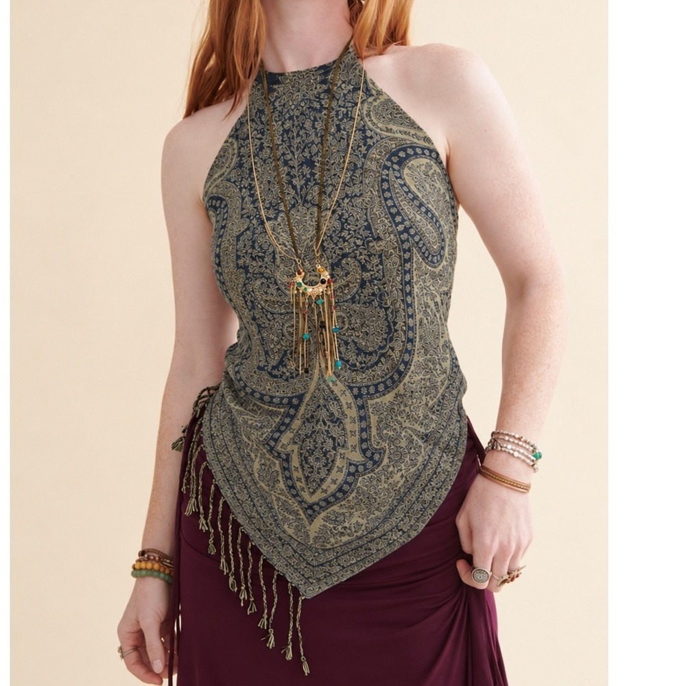 Earthbound S/M Halter Top Paisley Fringe Handkerchief Hem Boho Festival Hippie